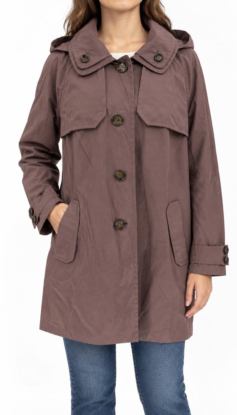 London Fog Womens Hooded Trench Coat Mauve Cotton Poly Blend Button Up Size 12